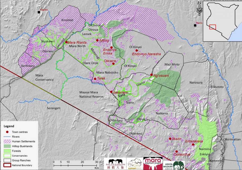 Boundaries of relevant land en22es (Na2onal Reserve, current/proposed Conservancies, relevant (ex) Group Ranches, human seVlement, hilltop bush lands and key forests);