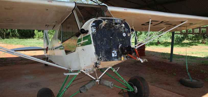 Photo below shows Tsavo Trust’s 52-year-old Super Cub, 5Y ACE, without engine, November 2014. Sadly in form she does resemble a poached elephant with its face having been hacked off for its ivory, in this case the engine pulled out for major repairs